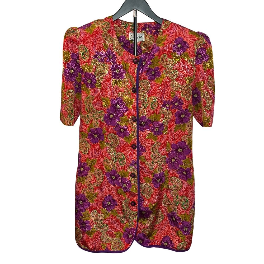 VTG CH Cheminee Tunic Top Purple Red Floral Size 16 80s Maximalist Glam Boho